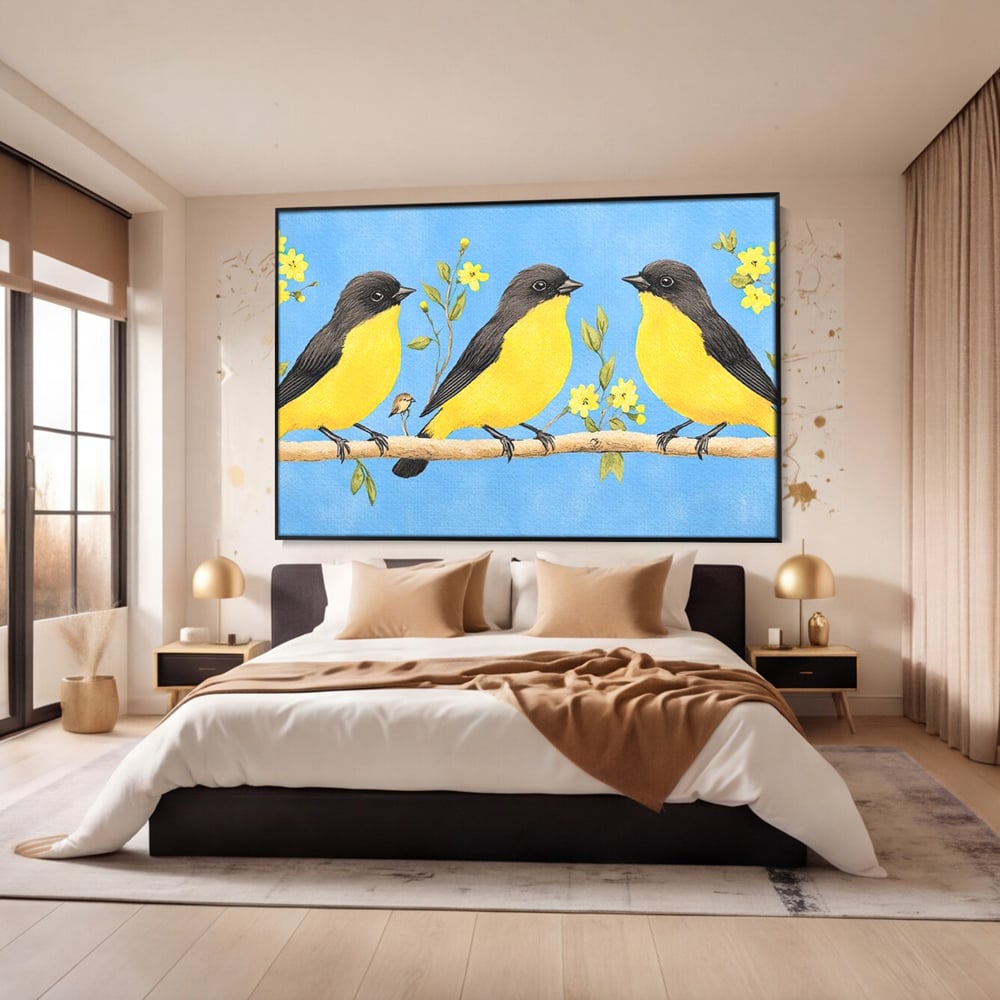 Tablou canvas cu tablou canvas cu trei pasari pe ramura, in rama de aluminiu negru, pe perete intr-un dormitor